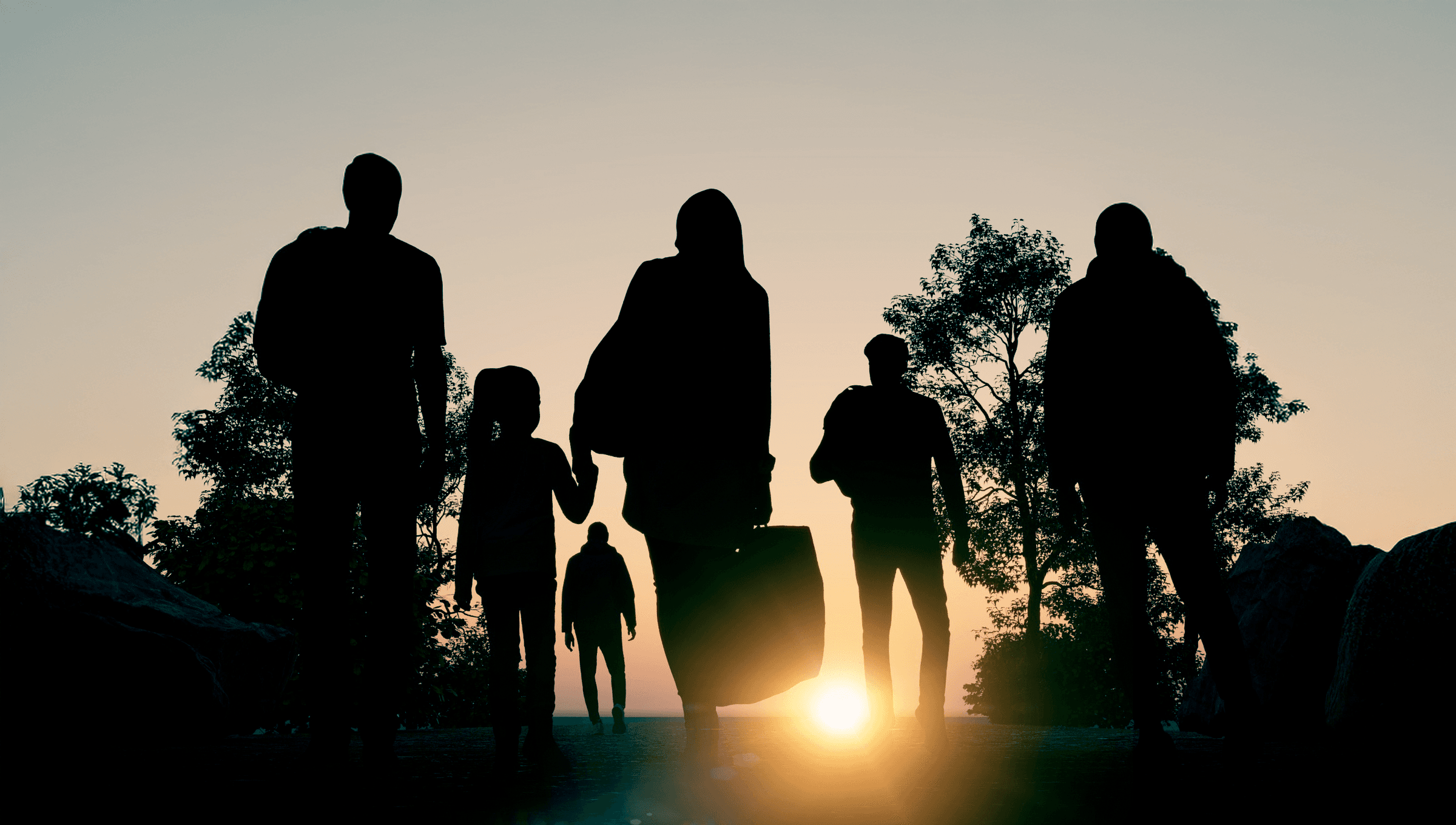 Migrants with luggage walking