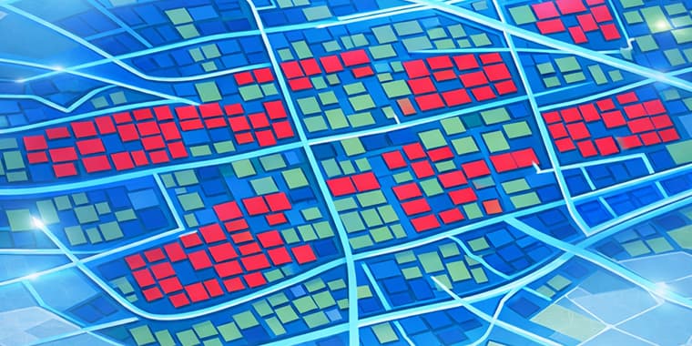 Plan of the city showing districts with aream marked in blue, red and green.