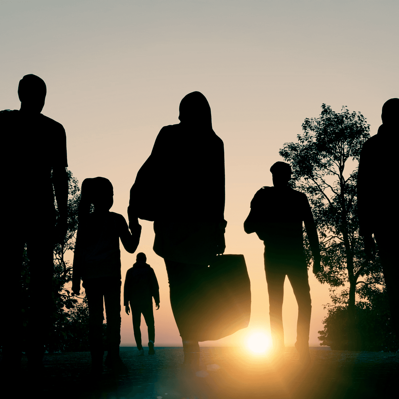 Migrants with luggage walking