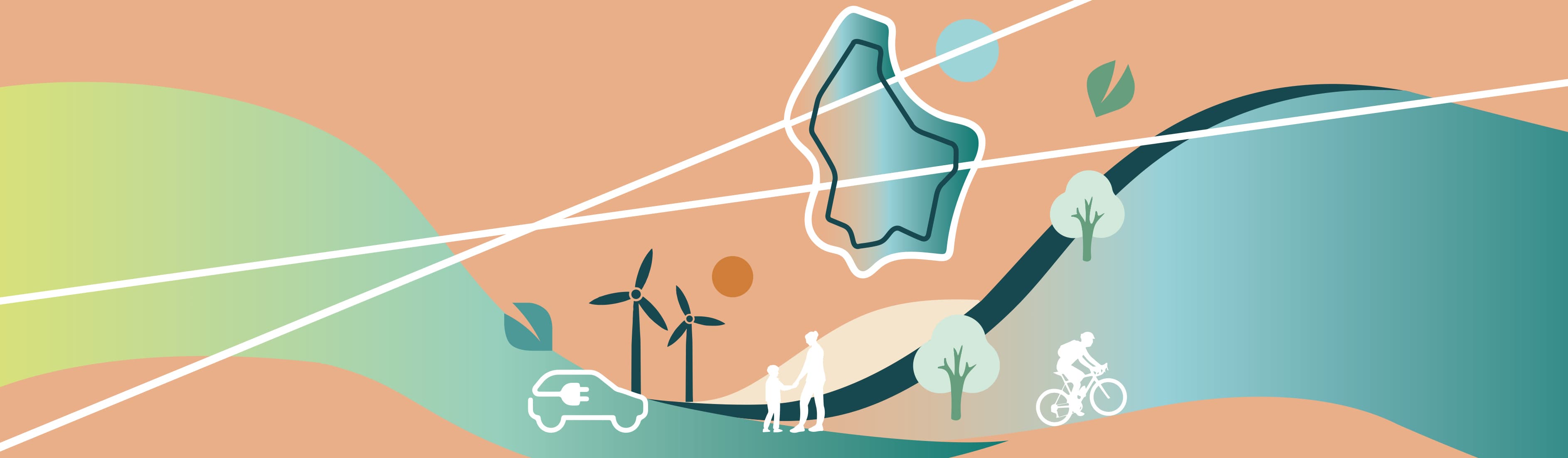 Vector illustration showing simplified luxembourgish landscape with threes, wind power plants, electric cars, pedestrians, cyclists.