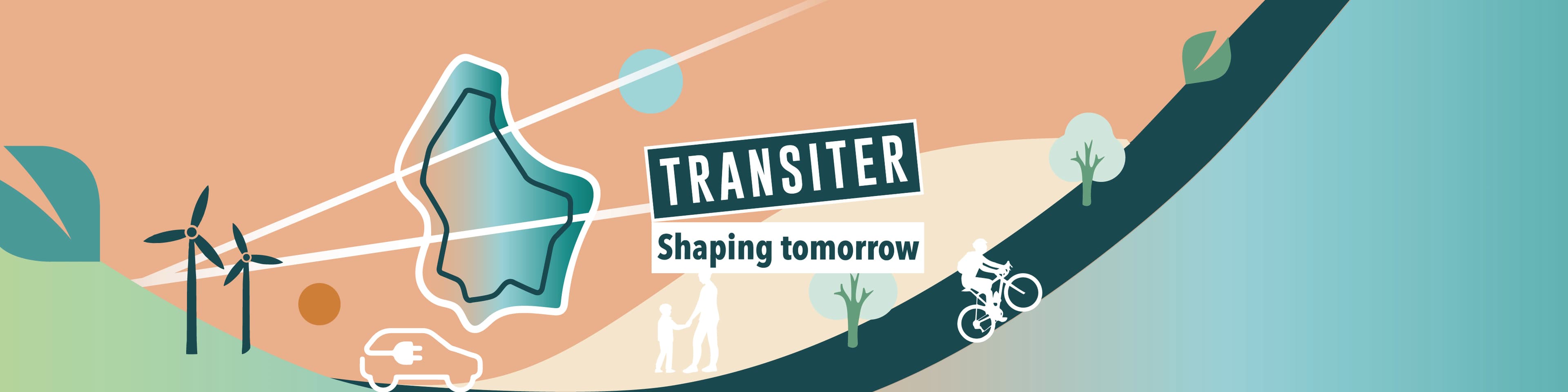 Vector illustration showing simplified luxembourgish landscape with threes, wind power plants, electric cars, pedestrians, cyclists.