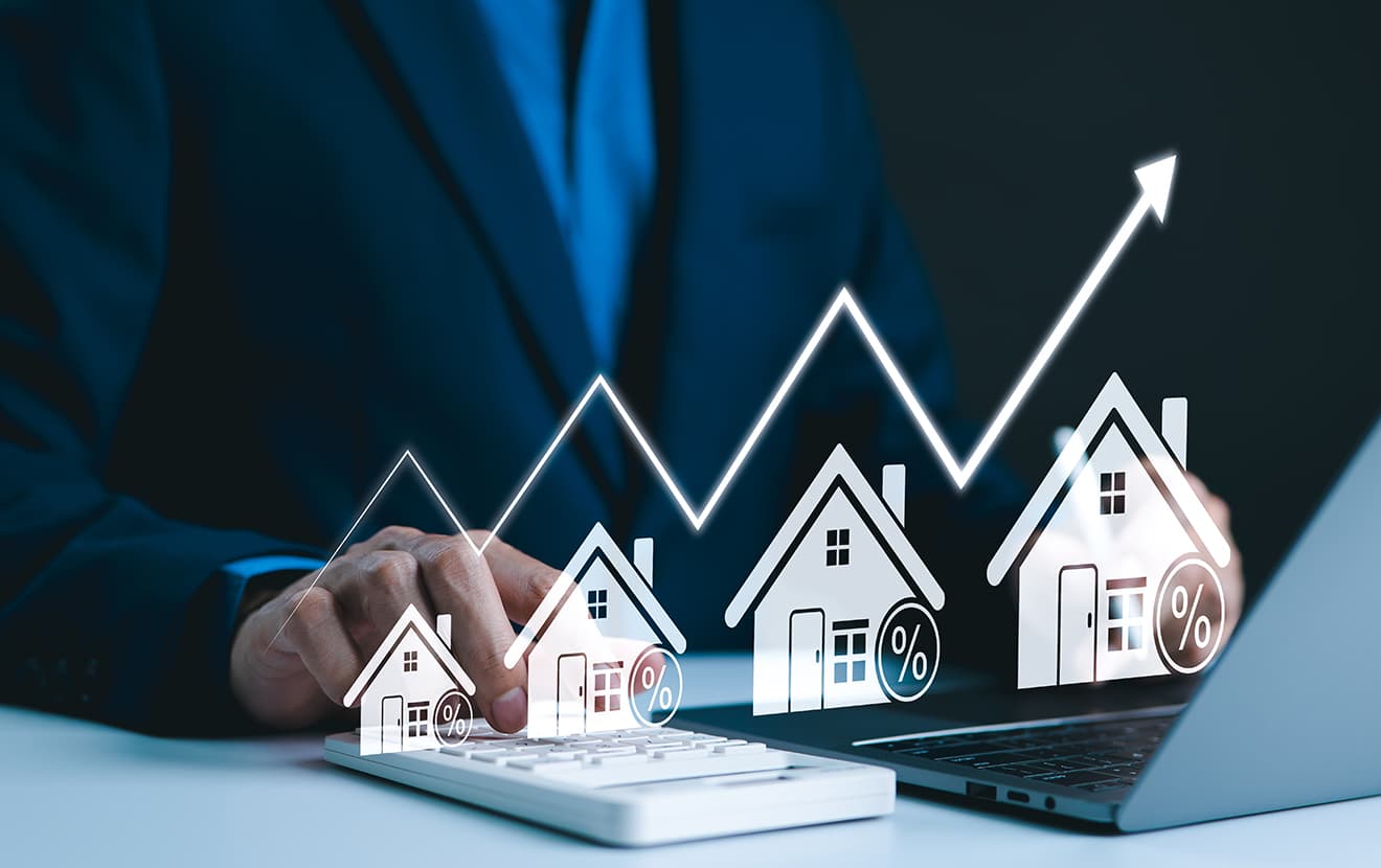 eal Estate Investment and Market Growth Concept. Analyzes real estate market growth trends. Graph show rising house price, interest rate, property mortgage, loan home, and investment opportunities