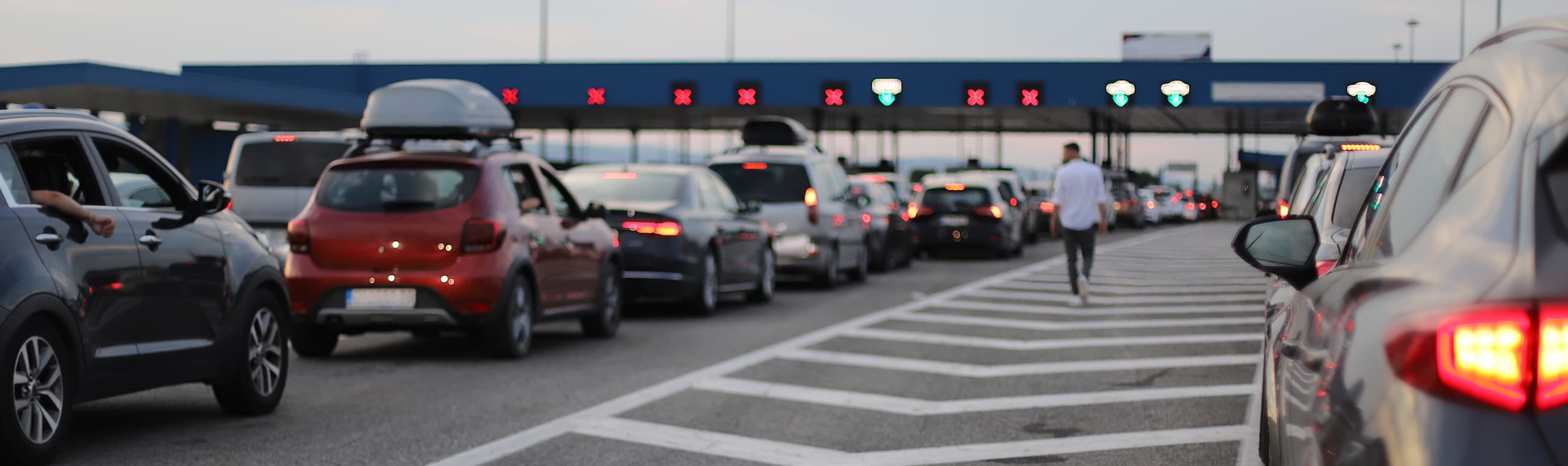 Cars on the road, border checkpoint