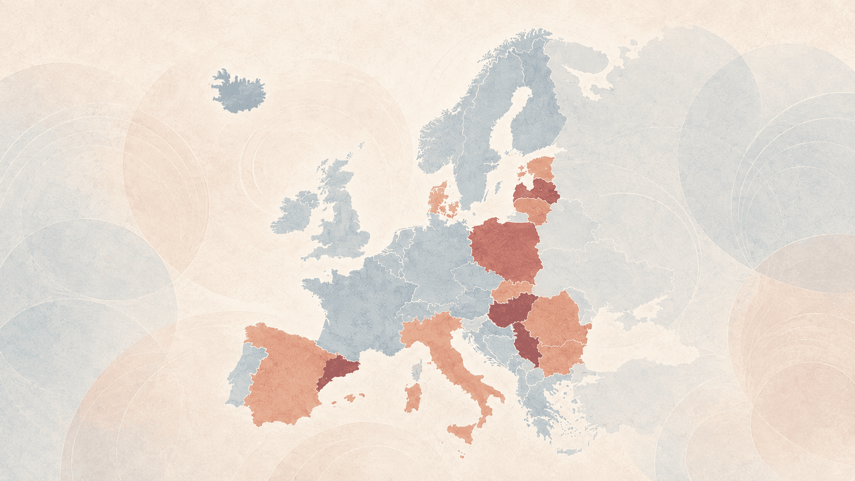 Map of Europe with countries in different colors indicating the influence of extreme right wing populism