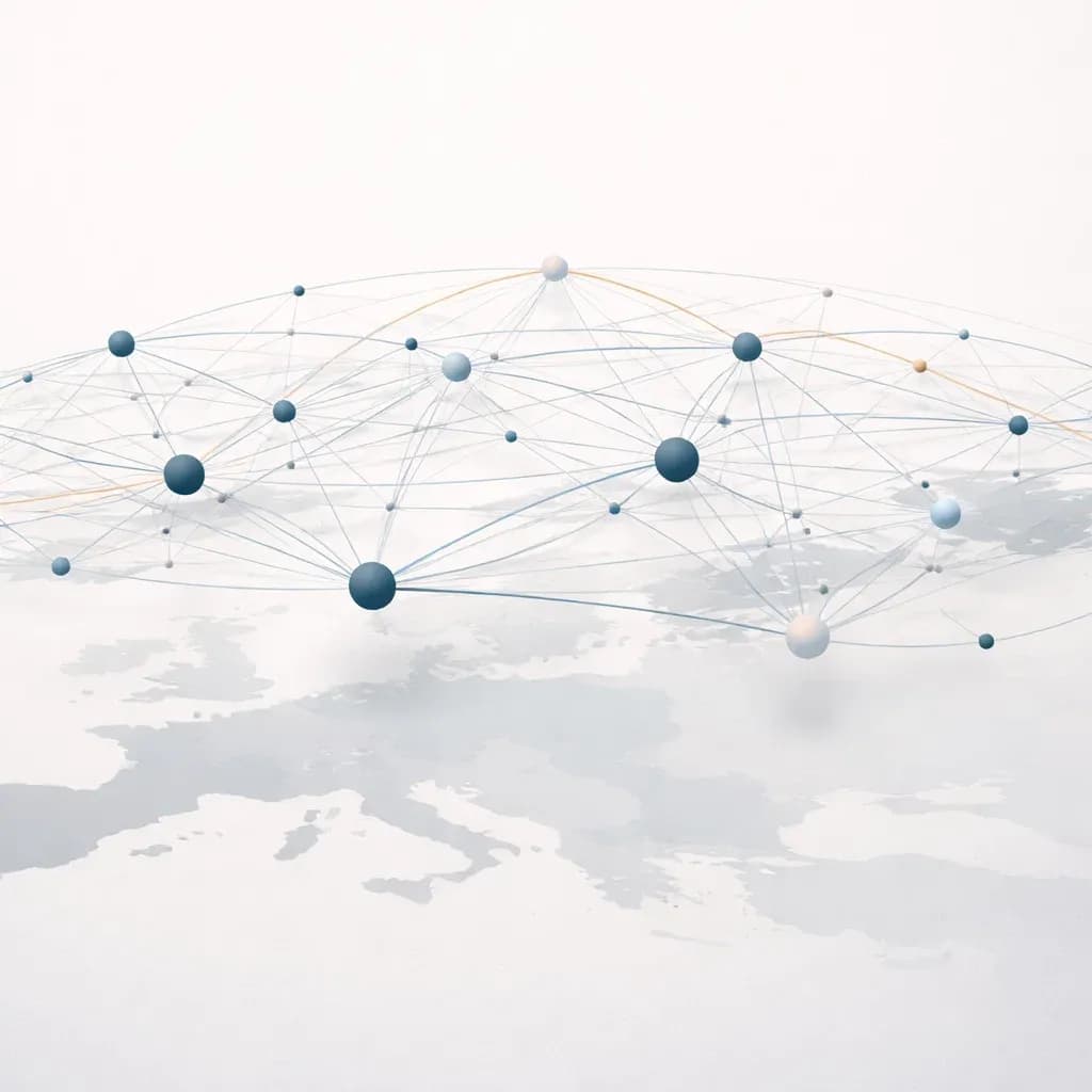collaboration as a network of connected nodes and flows of information, positioned as a floating analytical layer above a minimalist representation of the European continent