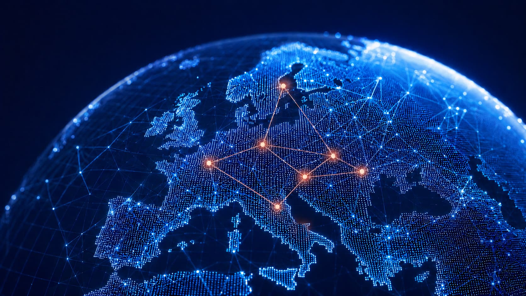 Sci-fi looking earth globe showing european continent with connections between countries