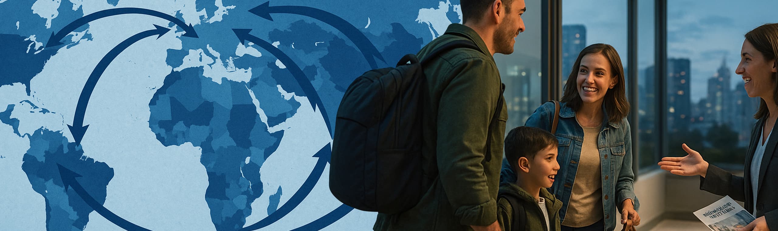 collage of a world map and traveling people