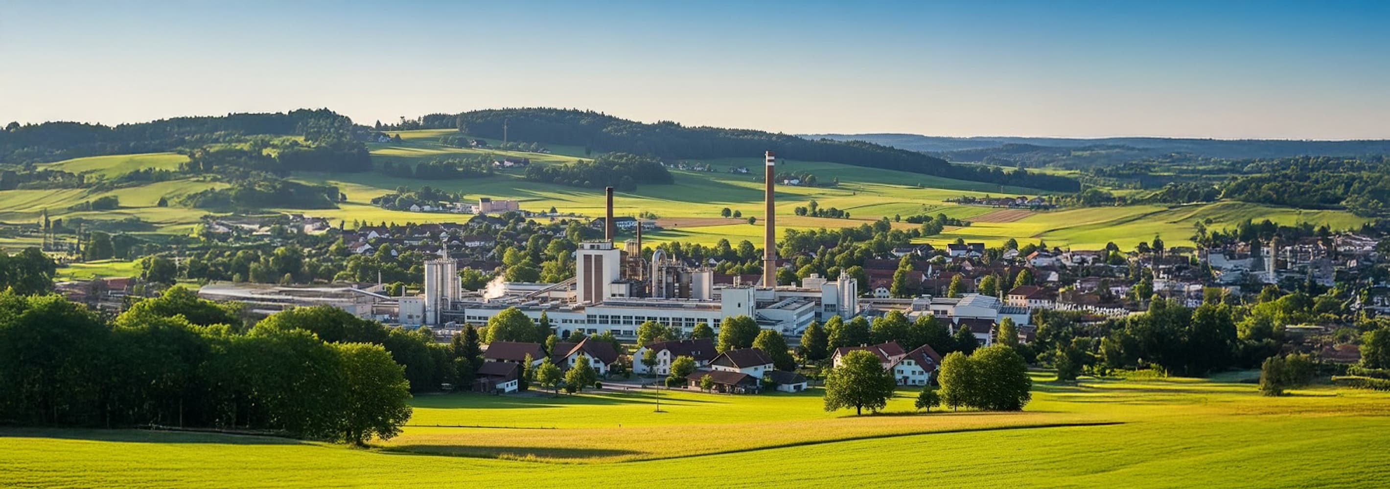 Landscape which combines green fields, industrail and habitable areas.