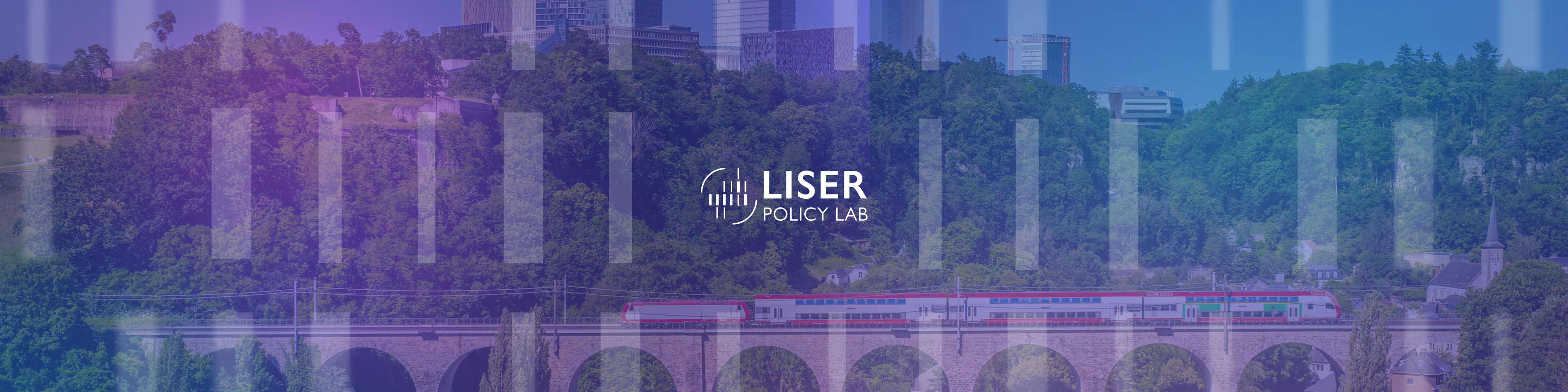 Liser Policy Lab logo. Luxembourg city in the background with purple tint over and vertical rectangles pattern.