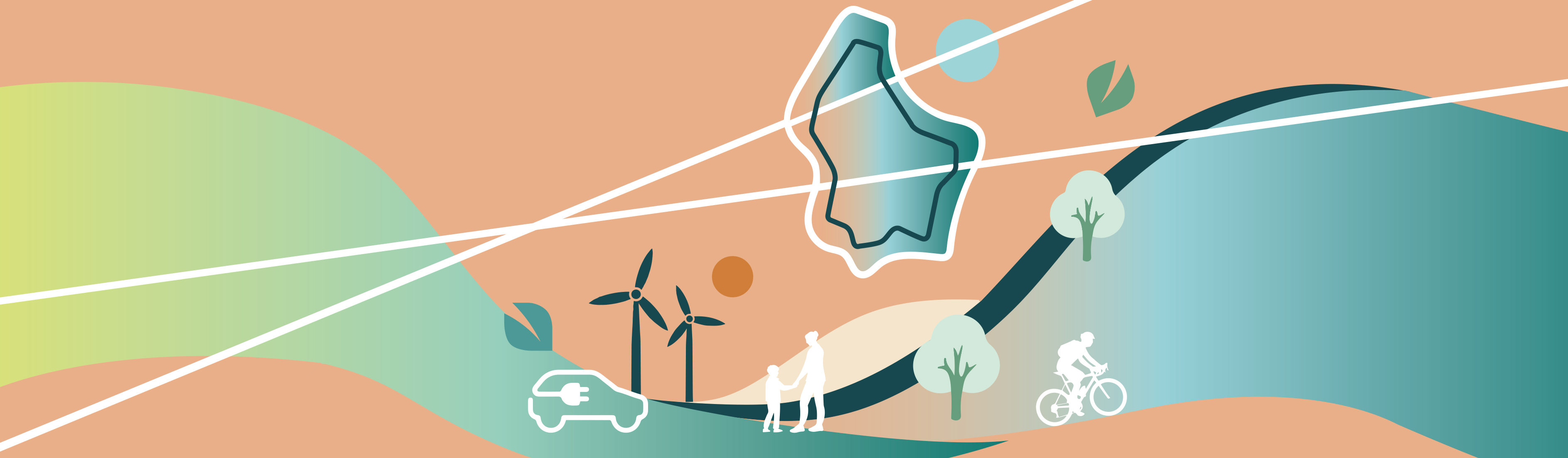 Vector illustration showing simplified luxembourgish landscape with threes, wind power plants, electric cars, pedestrians, cyclists.