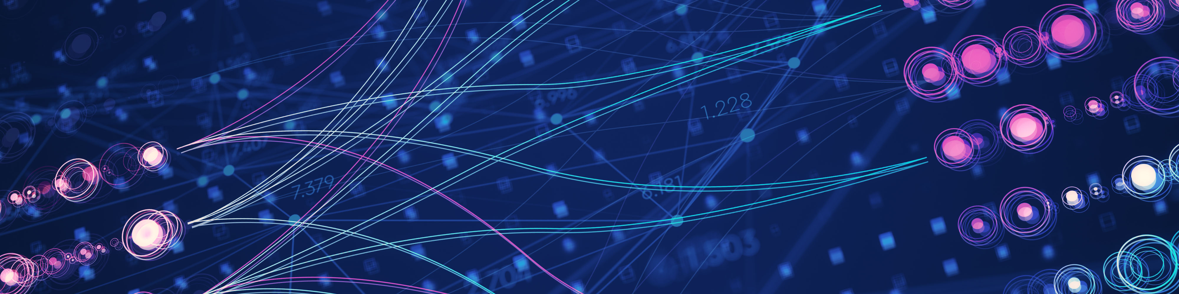 Abstract digital data flow visualization on dark blue background.