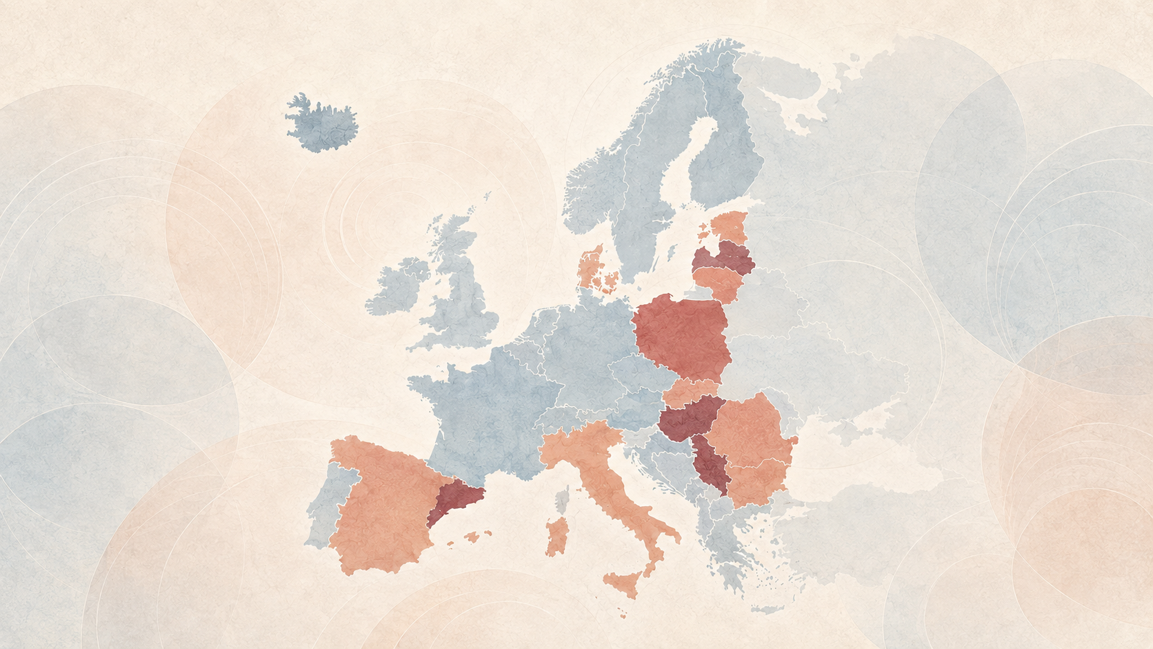 Map of Europe with countries in different colors indicating the influence of extreme right wing populism