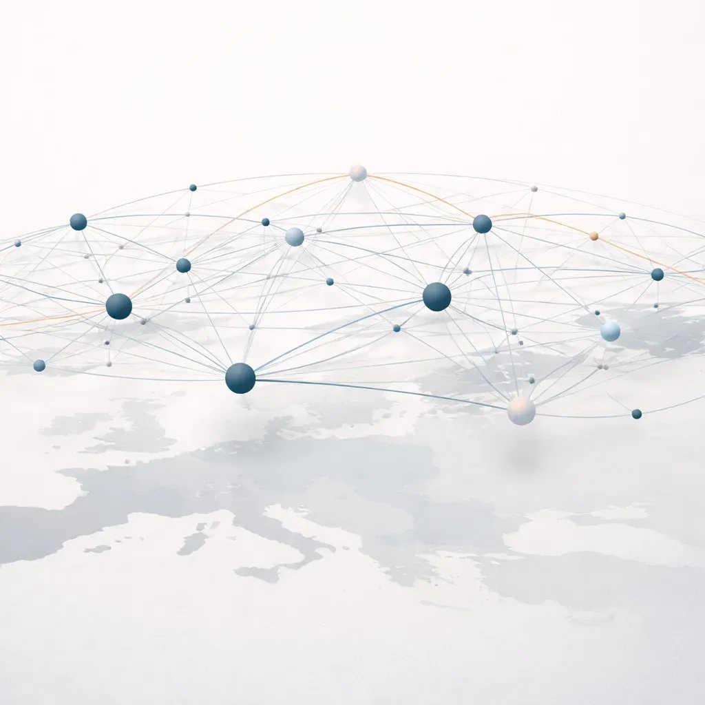 collaboration as a network of connected nodes and flows of information, positioned as a floating analytical layer above a minimalist representation of the European continent